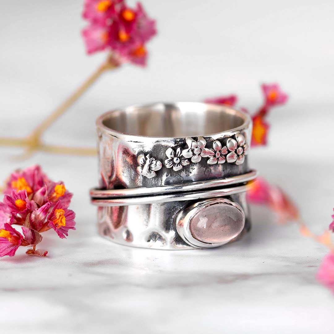 Rose Quartz Flowers and Butterfly Spinner Ring