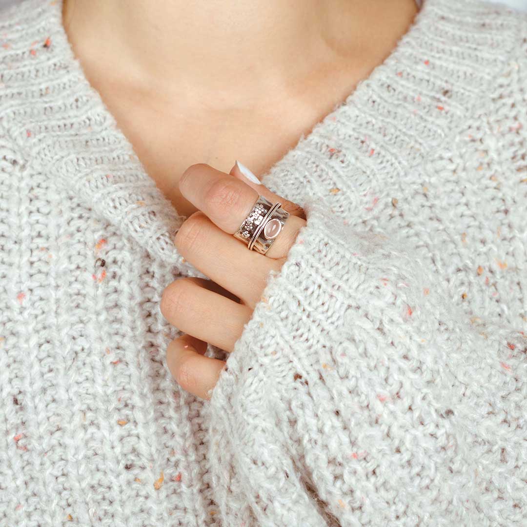 Rose Quartz Flowers and Butterfly Spinner Ring