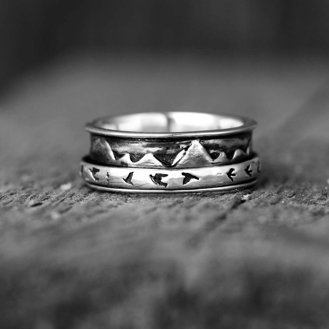 Berge und Vögel Fidget Ring Sterling Silber