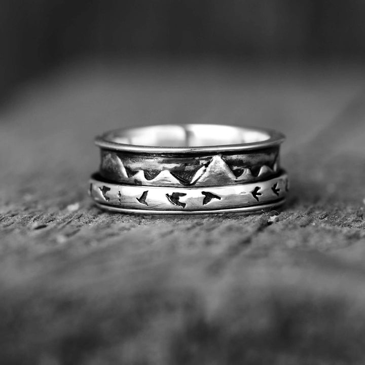 Mountains and Birds Fidget Ring Sterling Silver