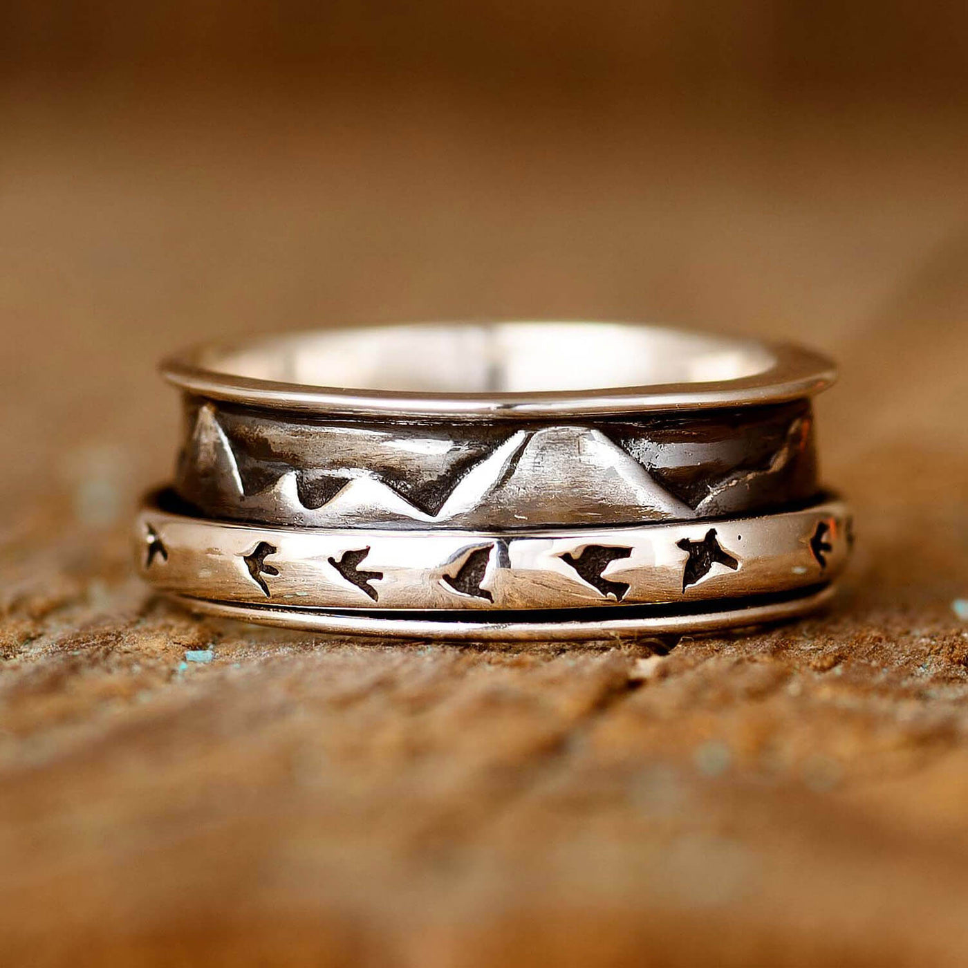 Mountains and Birds Fidget Ring Sterling Silver