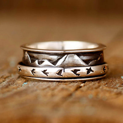 Mountains and Birds Fidget Ring Sterling Silver - Boho Magic