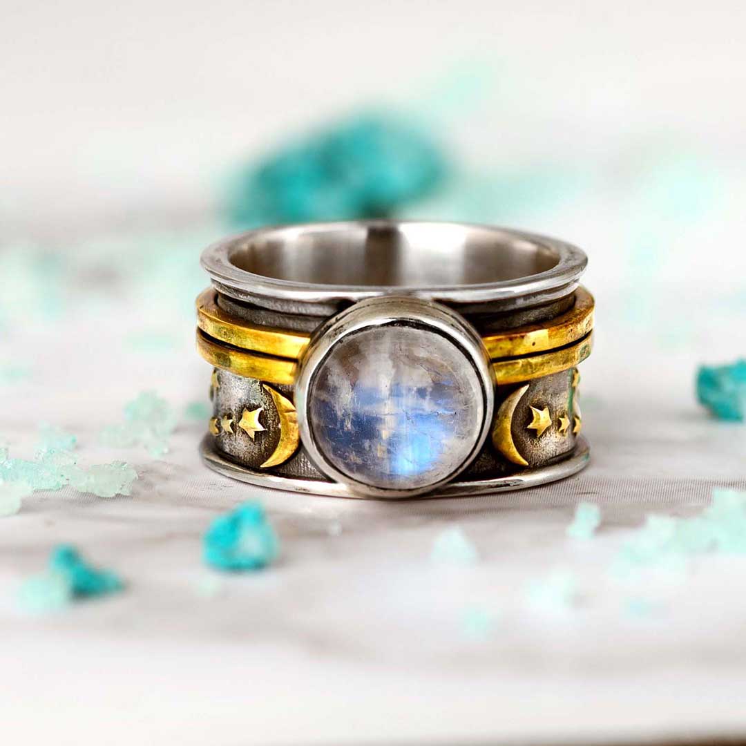 Stars Moon and Moonstone Fidget Ring Sterling Silver