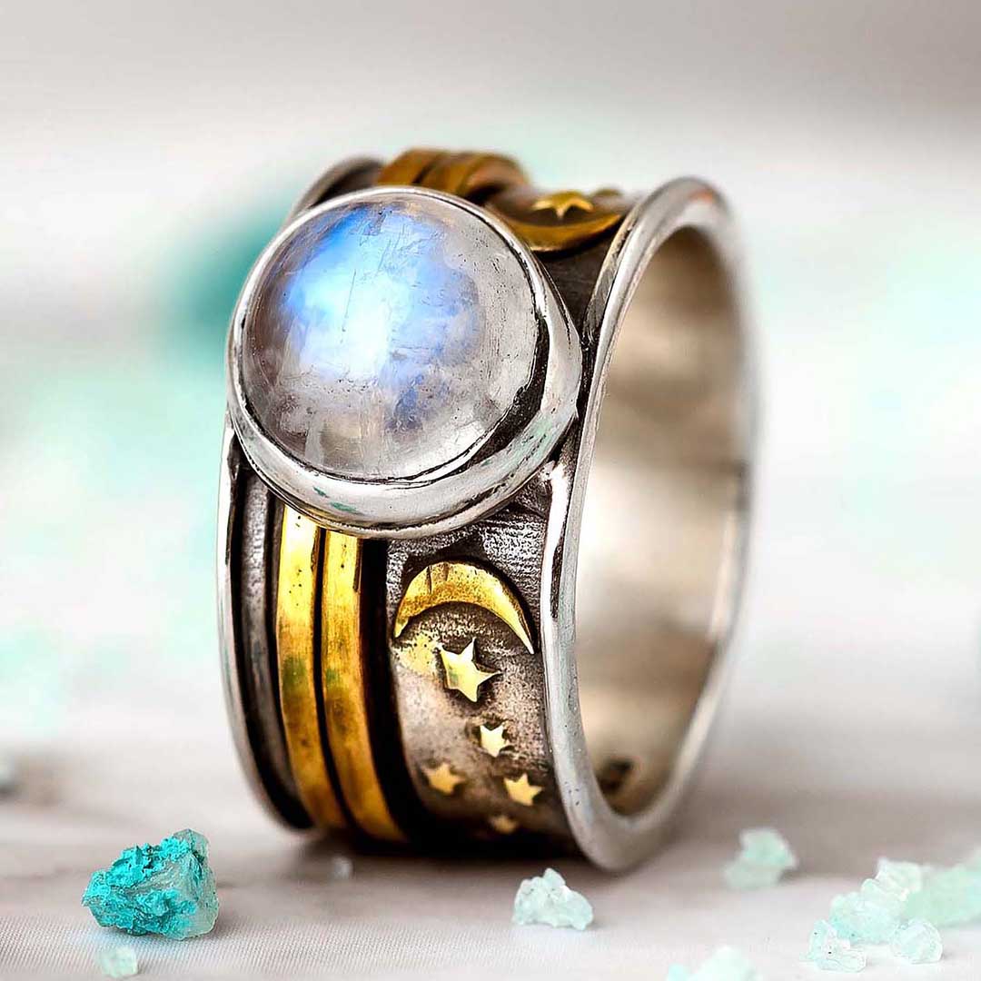 Stars Moon and Moonstone Fidget Ring Sterling Silver