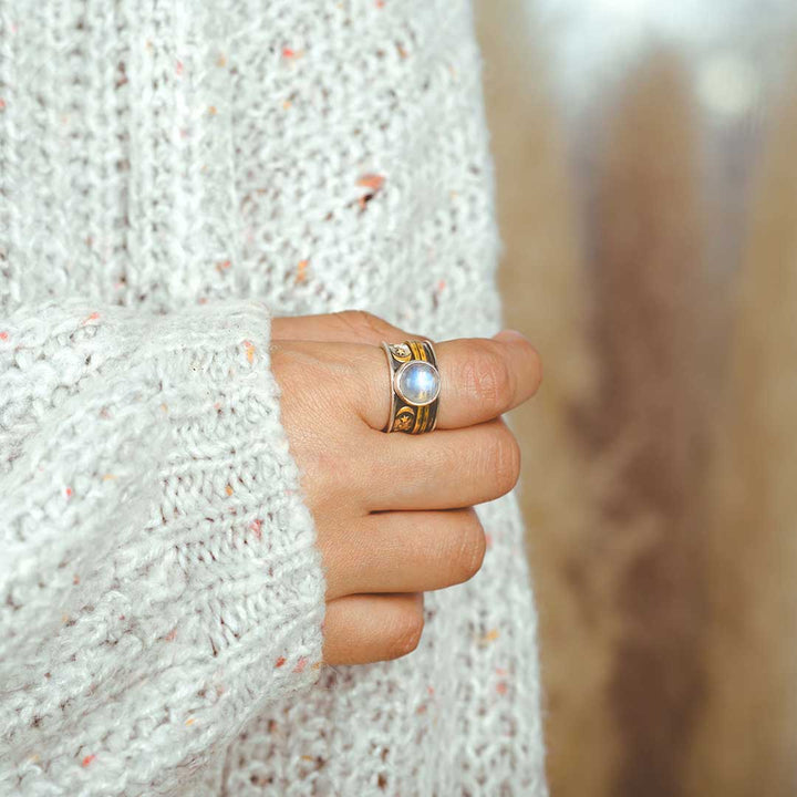 Stars Moon and Moonstone Fidget Ring Sterling Silver