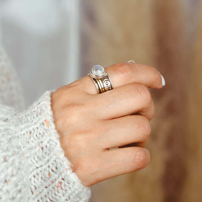 Stars Moon and Moonstone Fidget Ring Sterling Silver - Boho Magic