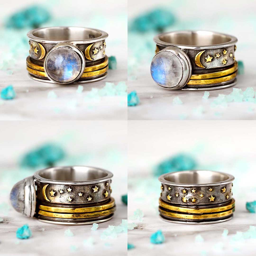 Stars Moon and Moonstone Fidget Ring Sterling Silver