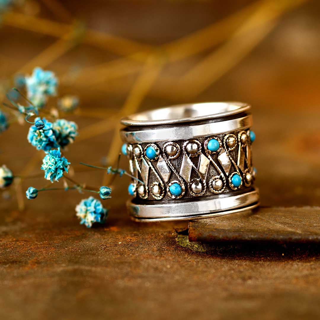 Boho Turquoise Fidget Ring Sterling Silver