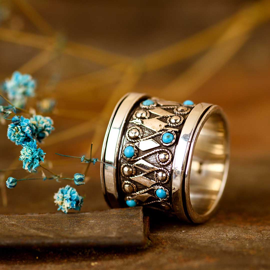 Boho Turquoise Fidget Ring Sterling Silver
