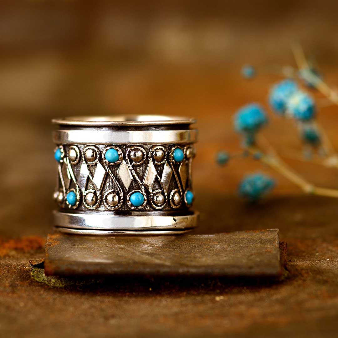 Boho Turquoise Fidget Ring Sterling Silver