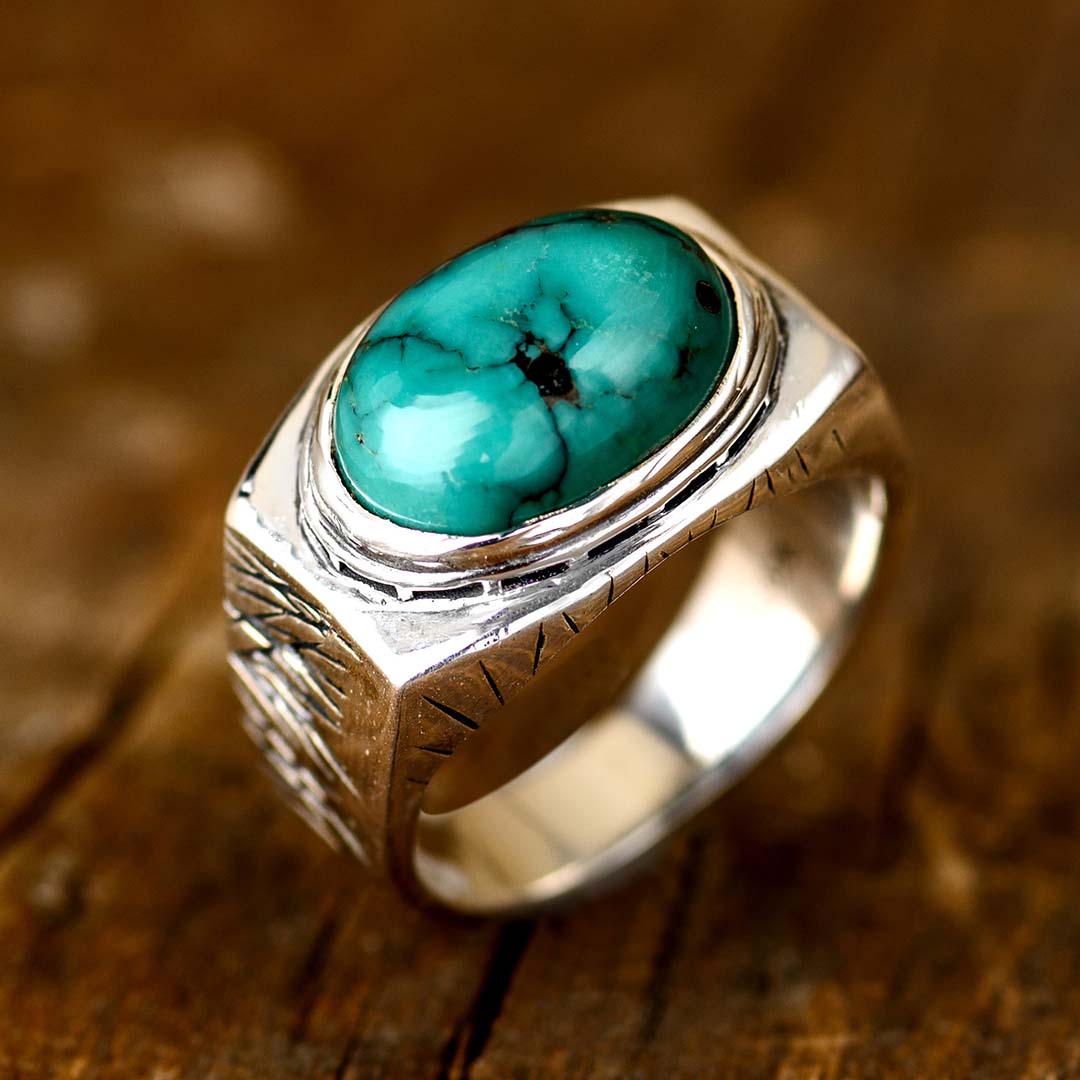 Engraved Turquoise Ring for Men Sterling Silver