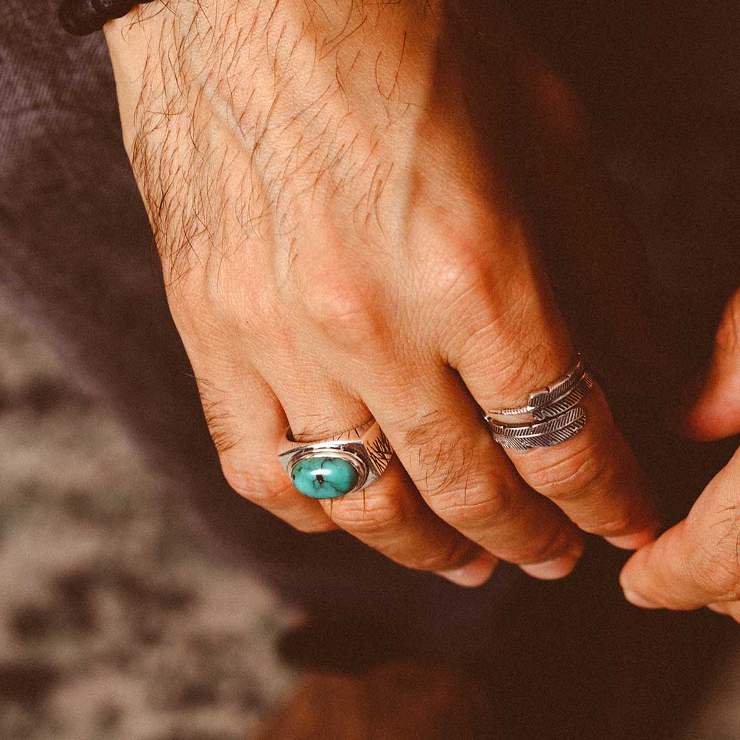 Engraved Turquoise Ring for Men Sterling Silver