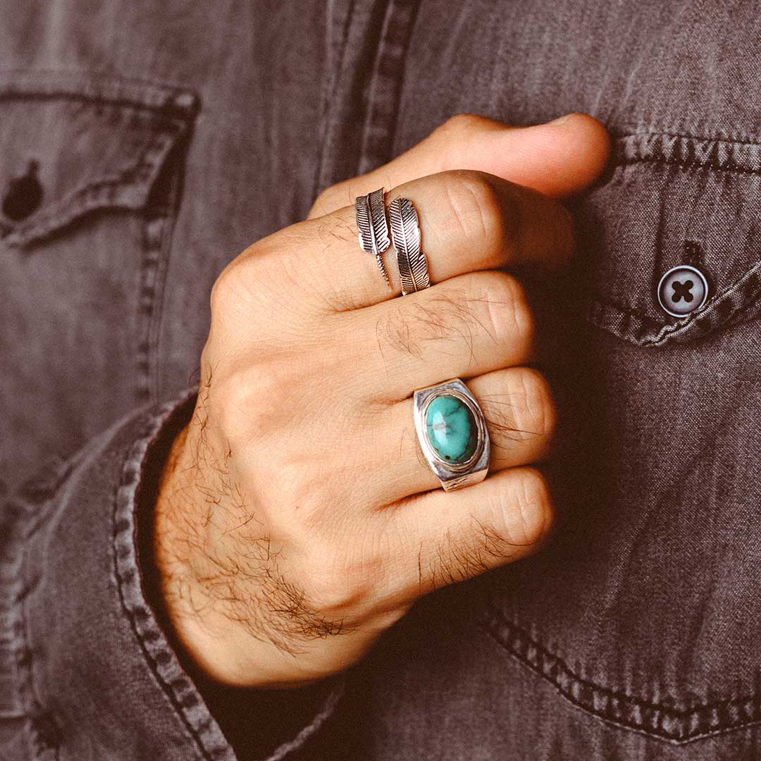 Engraved Turquoise Ring for Men Sterling Silver