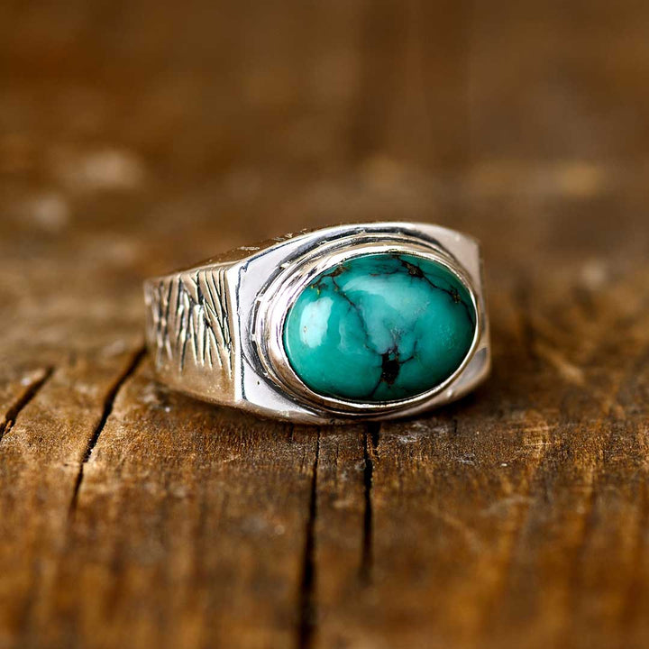 Engraved Turquoise Ring for Men Sterling Silver