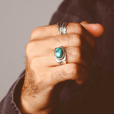 Engraved Turquoise Ring for Men Sterling Silver - Boho Magic