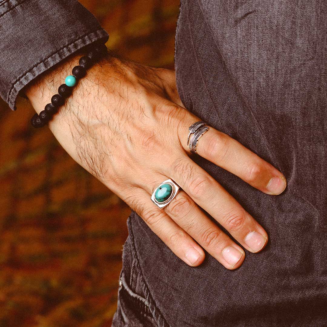 Engraved Turquoise Ring for Men Sterling Silver