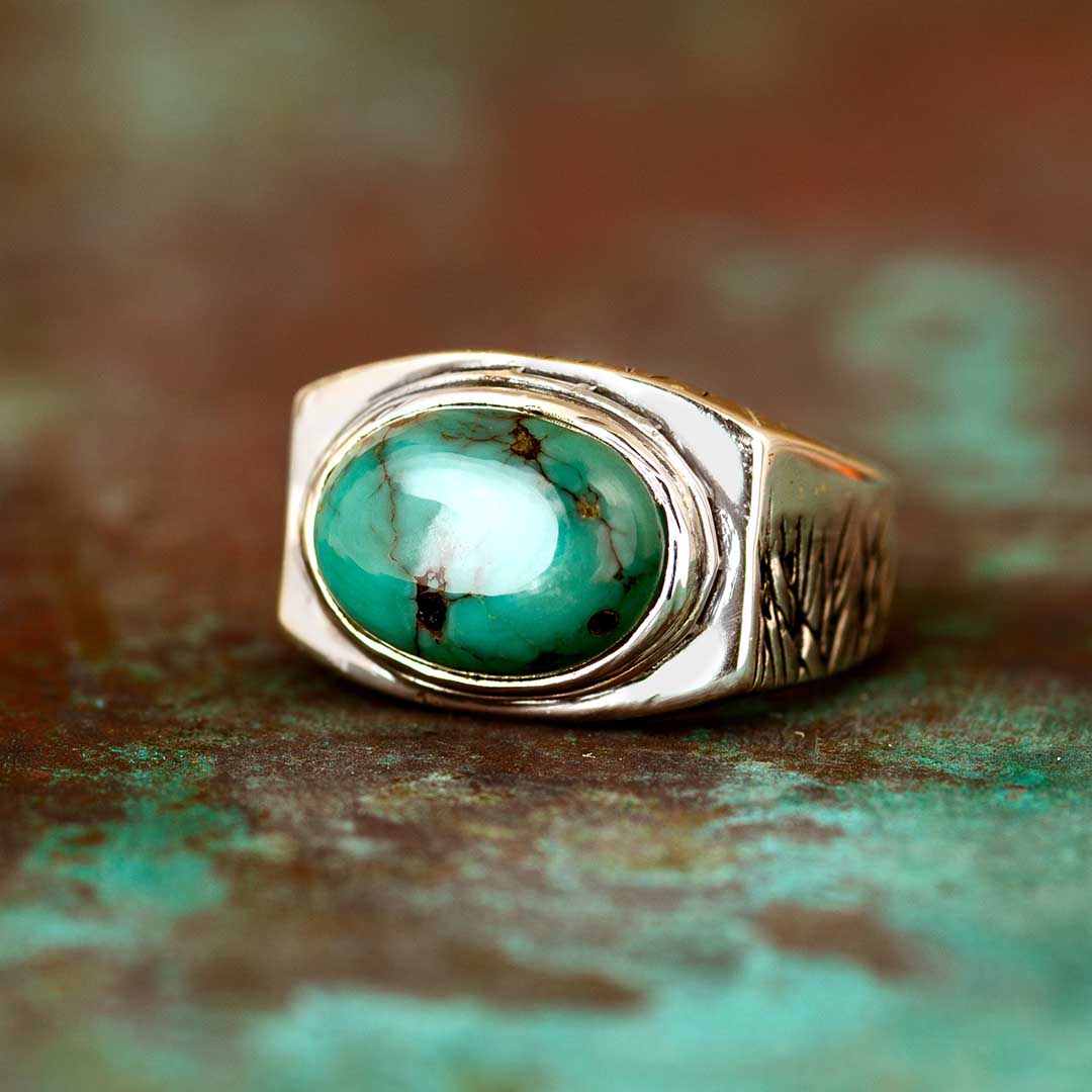 Engraved Turquoise Ring for Men Sterling Silver