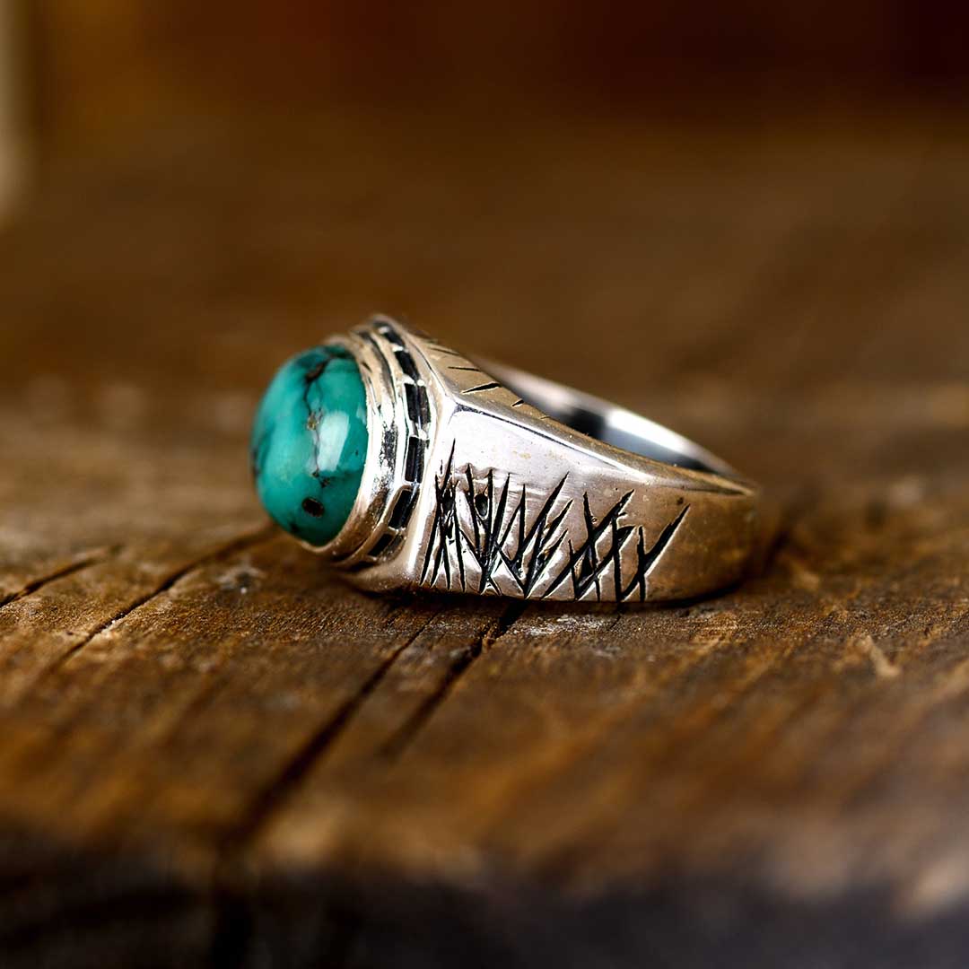 Engraved Turquoise Ring for Men Sterling Silver