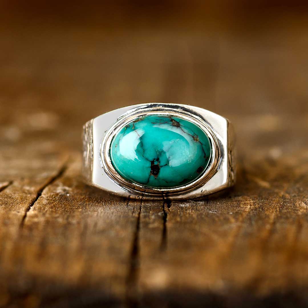 Engraved Turquoise Ring for Men Sterling Silver