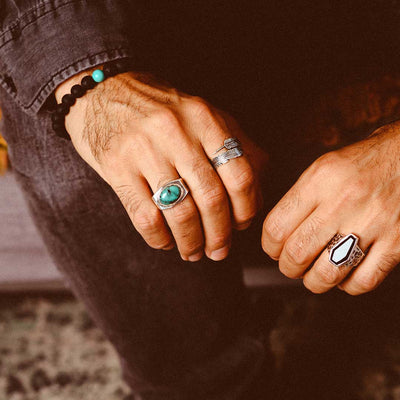Engraved Turquoise Ring for Men Sterling Silver - Boho Magic