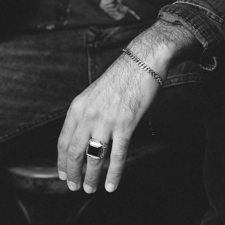 Swirls Black Onyx Signet Ring for Men Sterling Silver