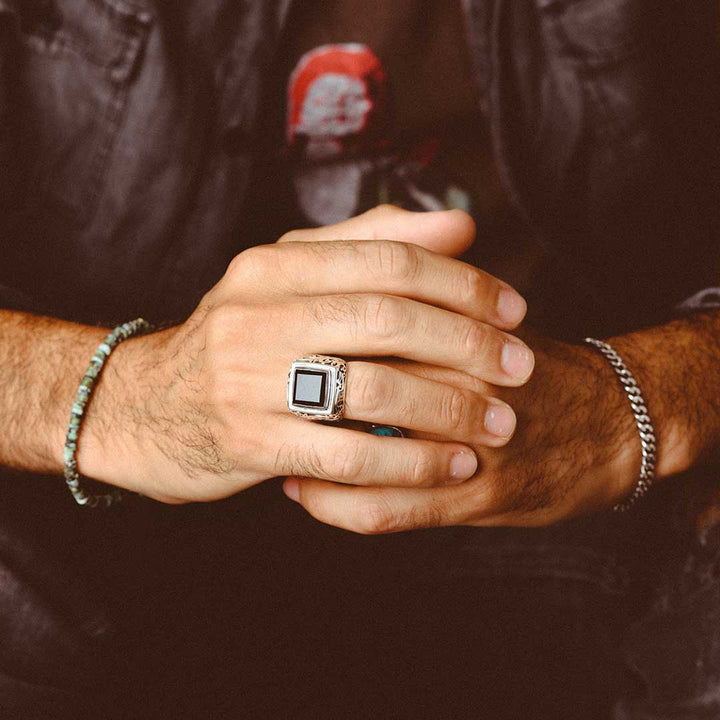 Swirls Black Onyx Signet Ring for Men Sterling Silver