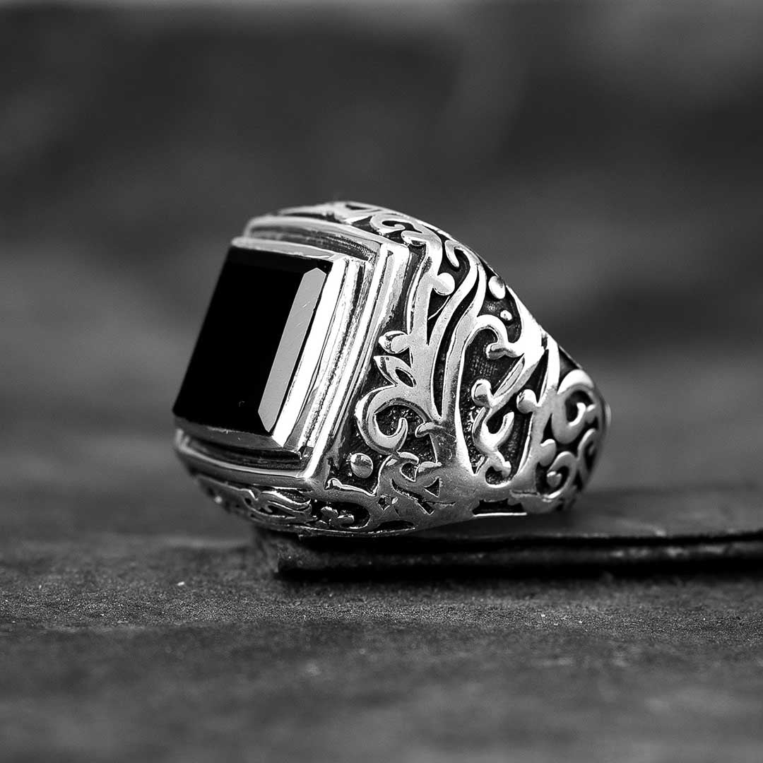 Swirls Black Onyx Signet Ring for Men Sterling Silver