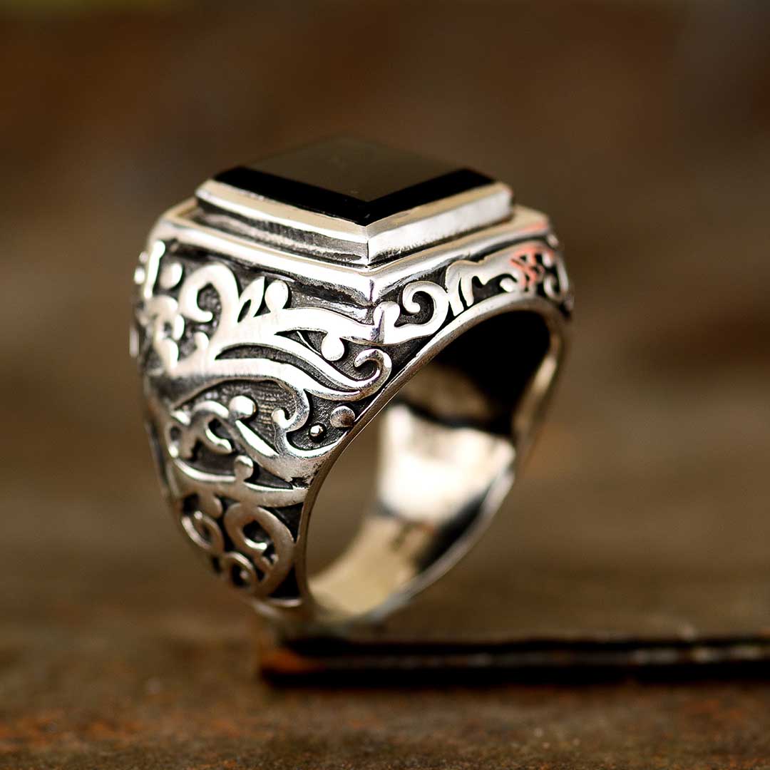 Swirls Black Onyx Signet Ring for Men Sterling Silver
