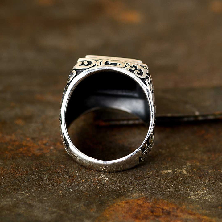 Swirls Black Onyx Signet Ring for Men Sterling Silver