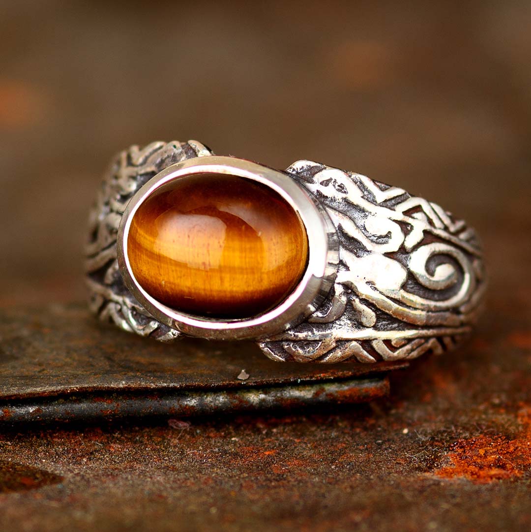 Tiger's Eye Tribals Ring for Men Sterling Silver