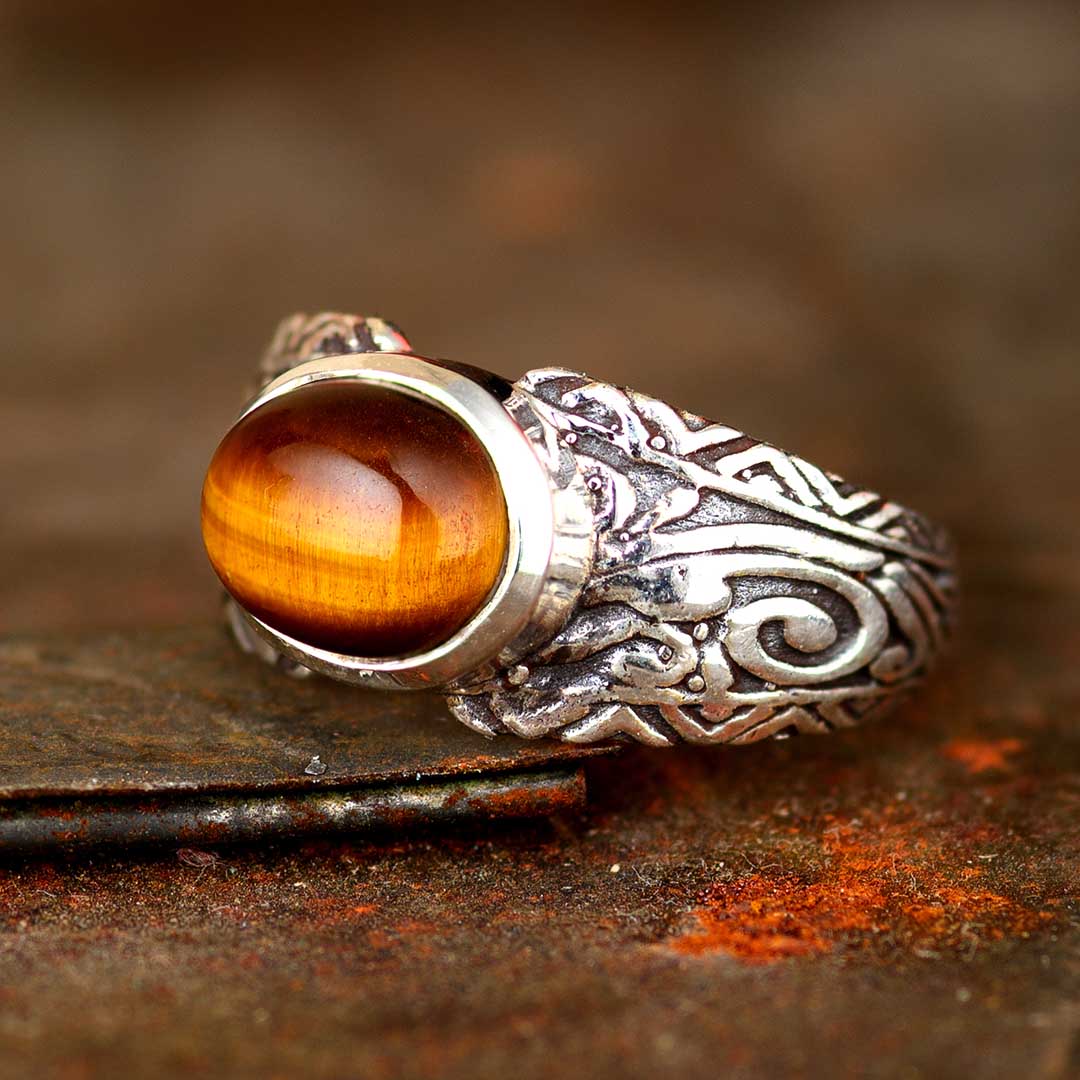 Tiger's Eye Tribals Ring for Men Sterling Silver