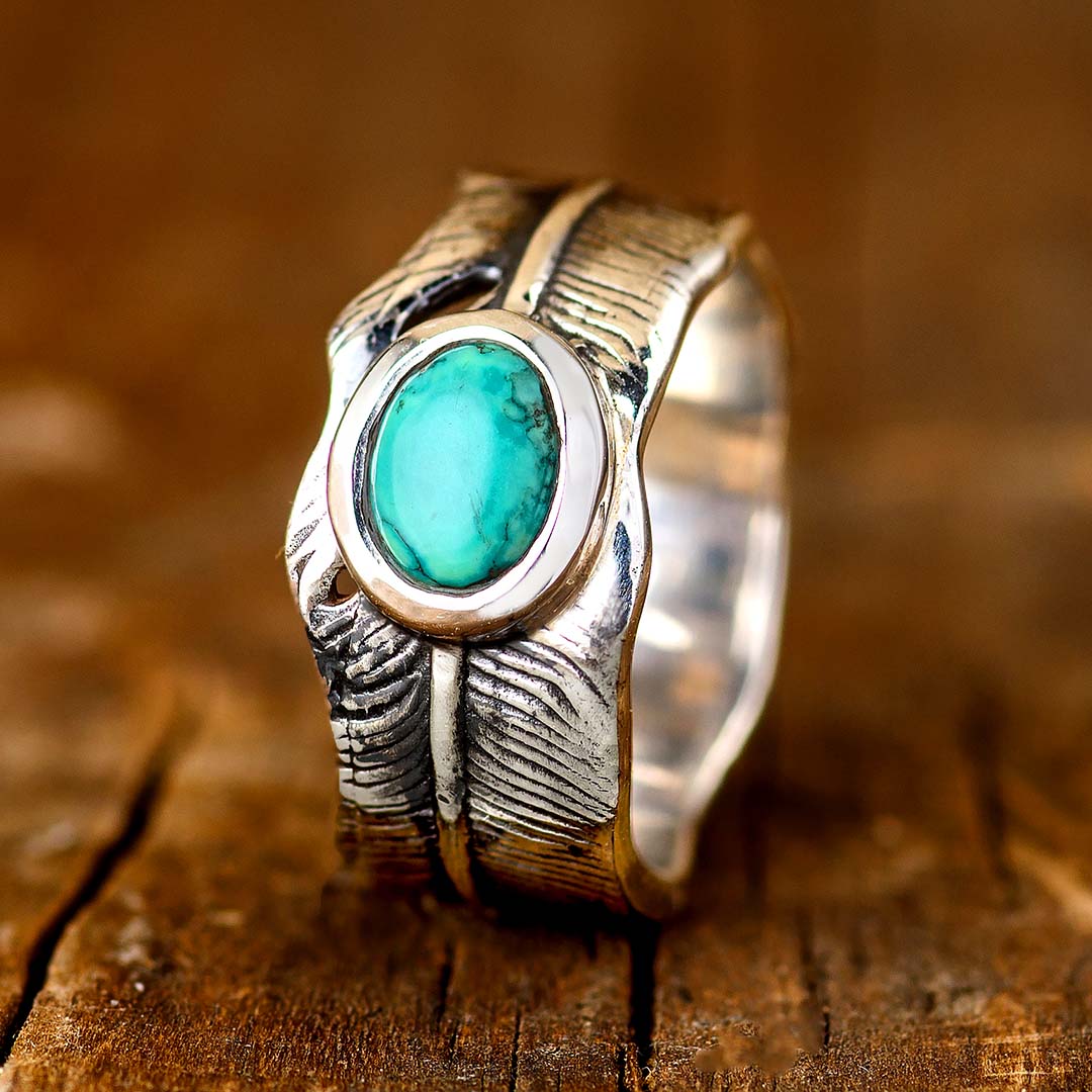 Feather Turquoise Ring for Men Sterling Silver