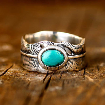 Feather Turquoise Ring for Men Sterling Silver - Boho Magic