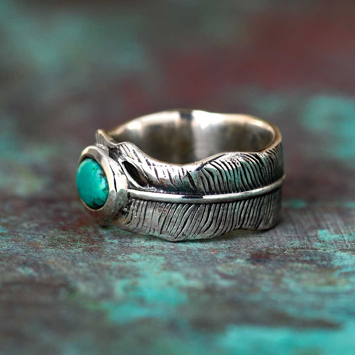 Feather Turquoise Ring for Men Sterling Silver