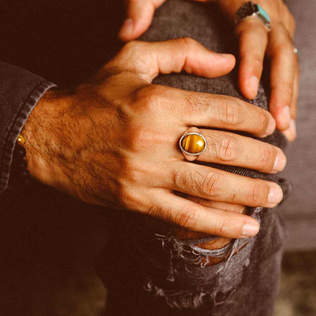 Vintage Tiger’s Eye Signet Ring – Stainless Steel 316L, Floral Engraved, Men’s Statement Jewelry