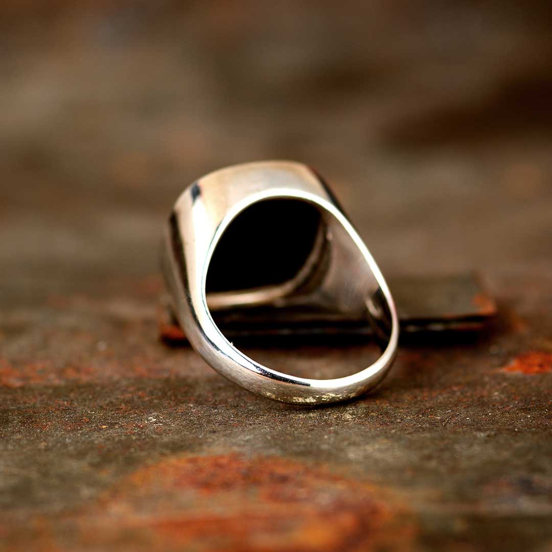 BySilverStone Men's Sterling Silver Wolf Signet Ring With Black Onyx - Handmade Engraved Jewelry