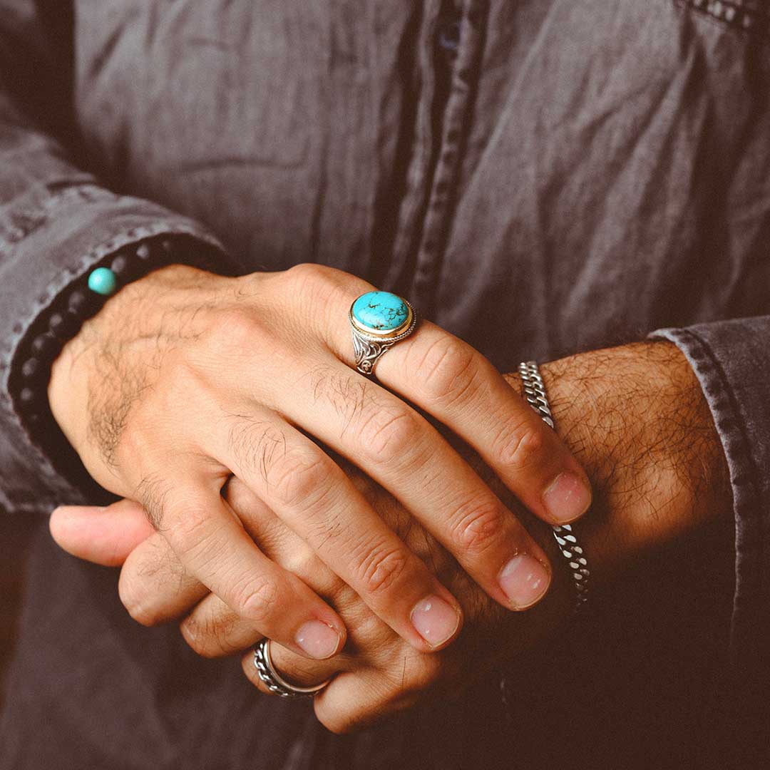 Turquoise Swirls Ring for Men Sterling Silver