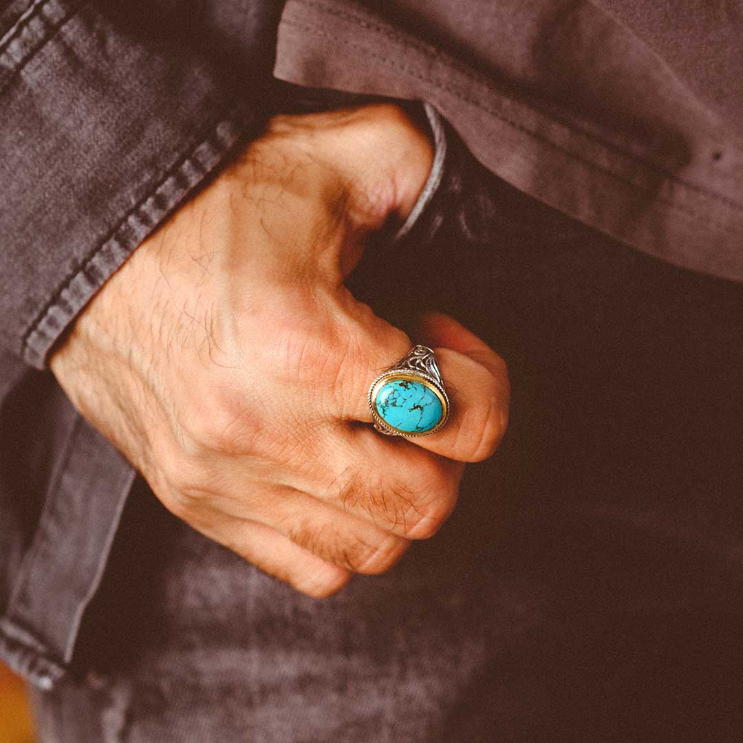 Turquoise Swirls Ring for Men Sterling Silver