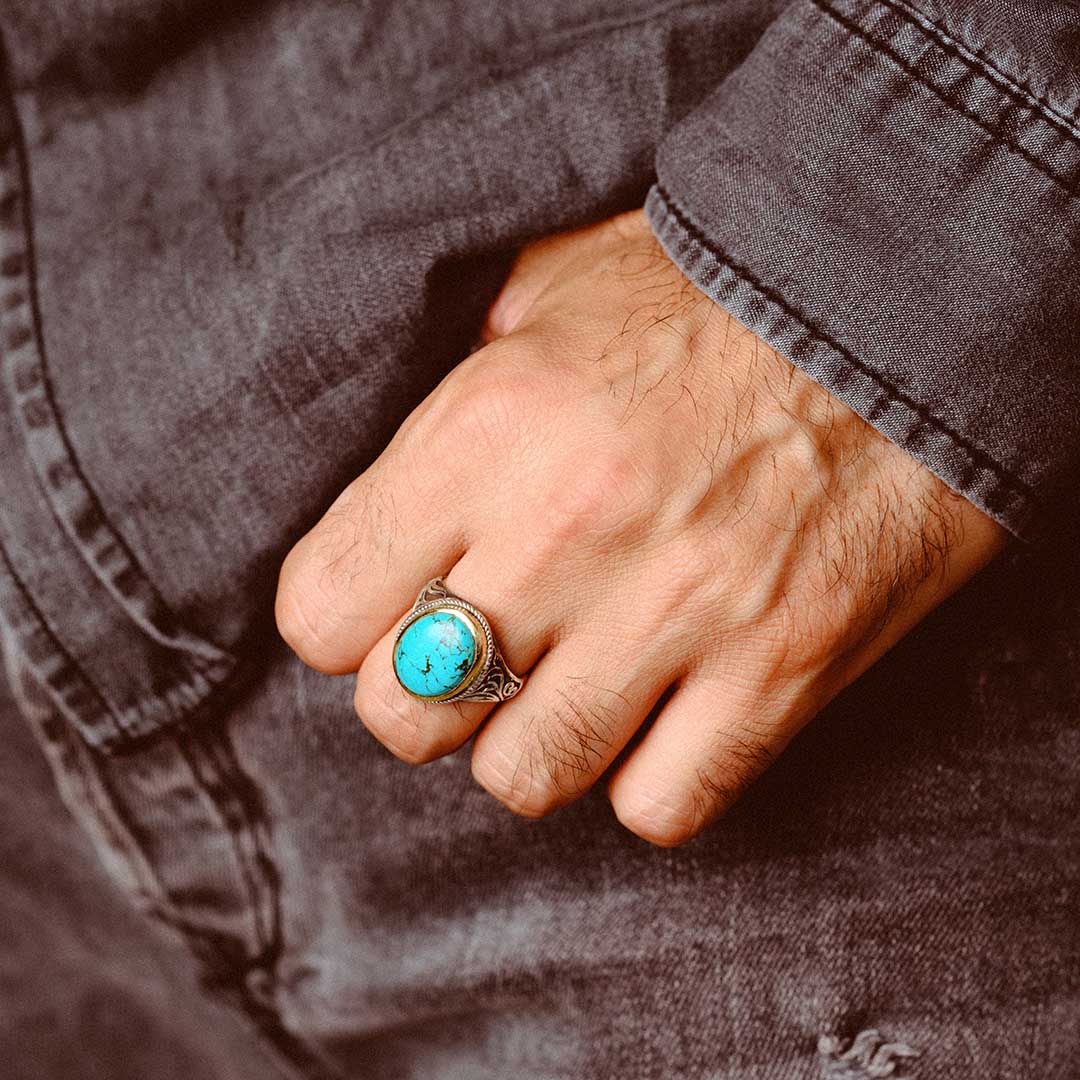 Turquoise Swirls Ring for Men Sterling Silver