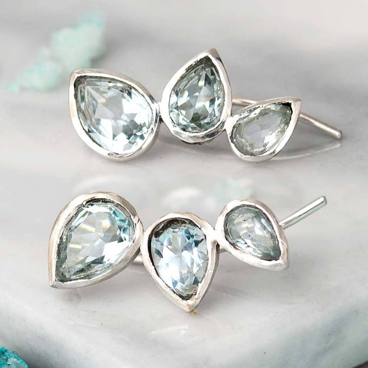 Teardrop Aquamarine Ear Climber Earrings Sterling Silver