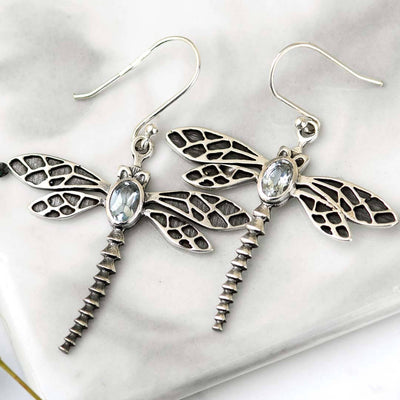 Dragonfly Aquamarine Earrings Sterling Silver - Boho Magic