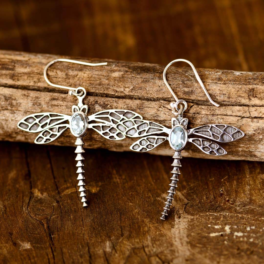Dragonfly Aquamarine Earrings Sterling Silver