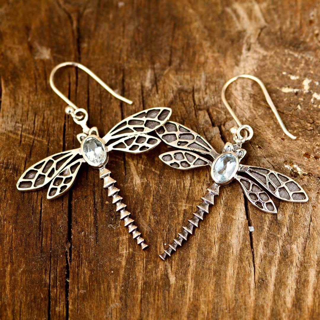 Dragonfly Aquamarine Earrings Sterling Silver