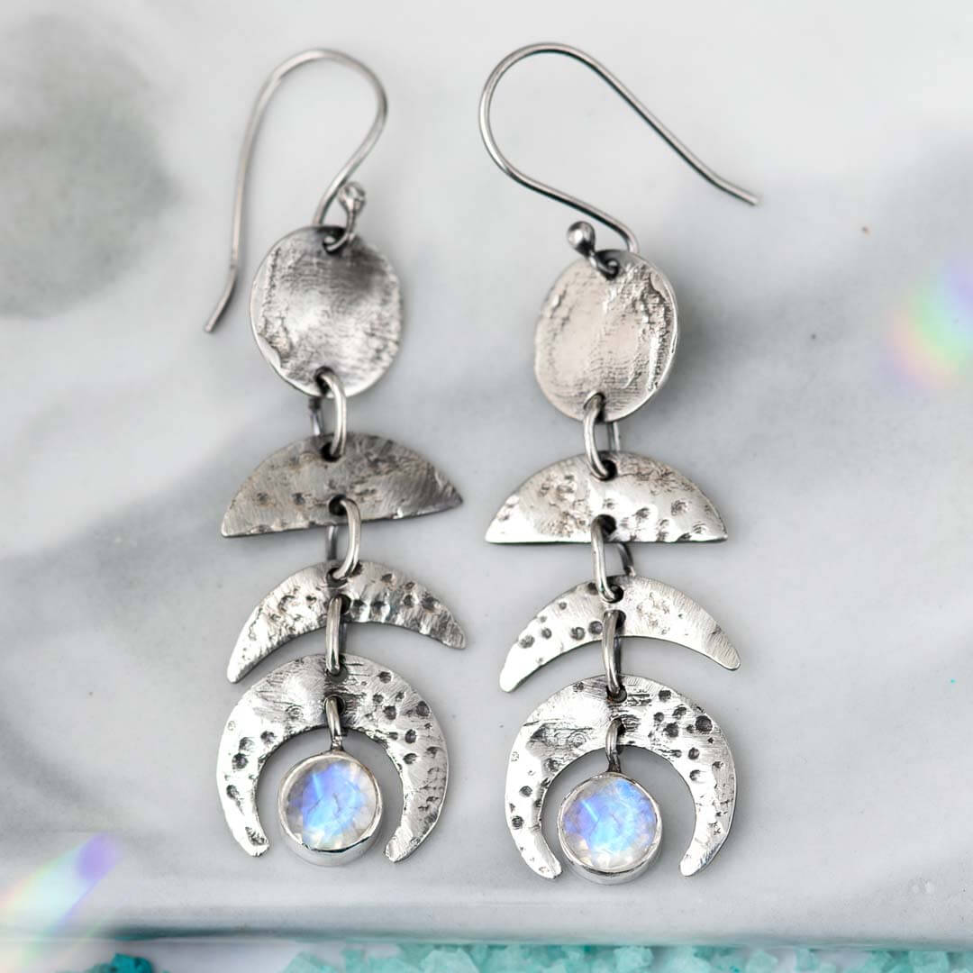 Moon Phase Moonstone Drop Earrings Sterling Silver