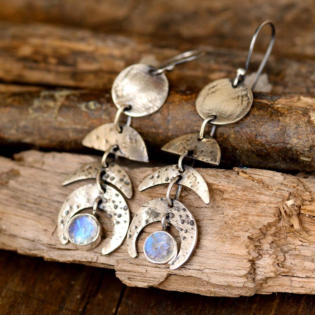 Moon Phase Moonstone Drop Earrings Sterling Silver