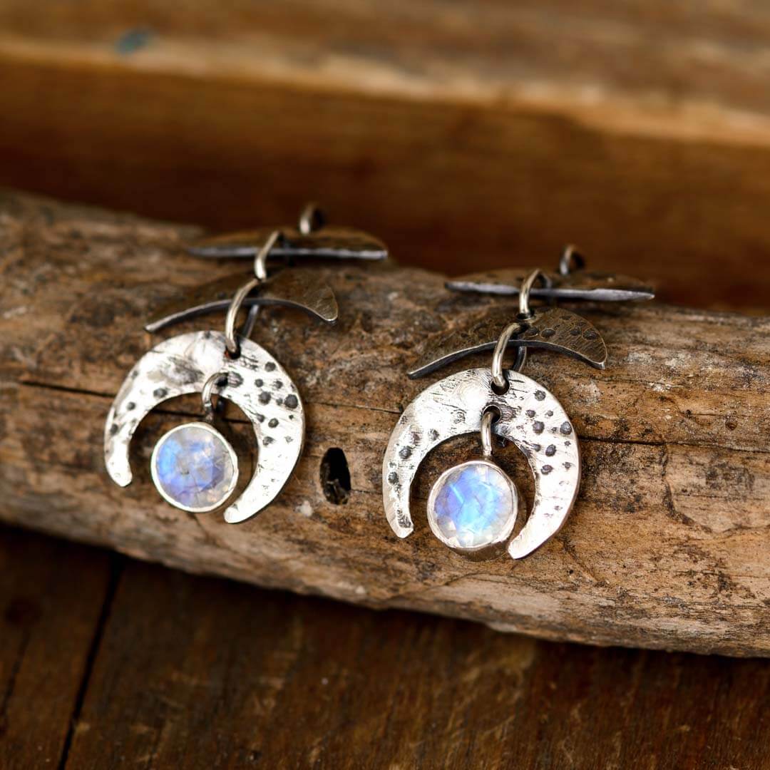 Moon Phase Moonstone Drop Earrings Sterling Silver