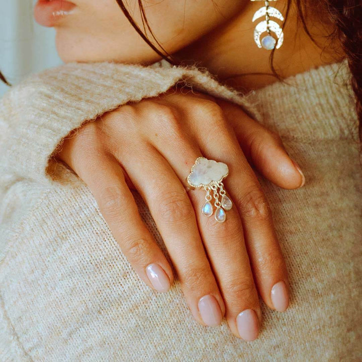 Cloud and Raindrops Moonstone Ring Sterling Silver