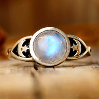 Moonstone Stars Moon Ring Sterling Silver - Boho Magic