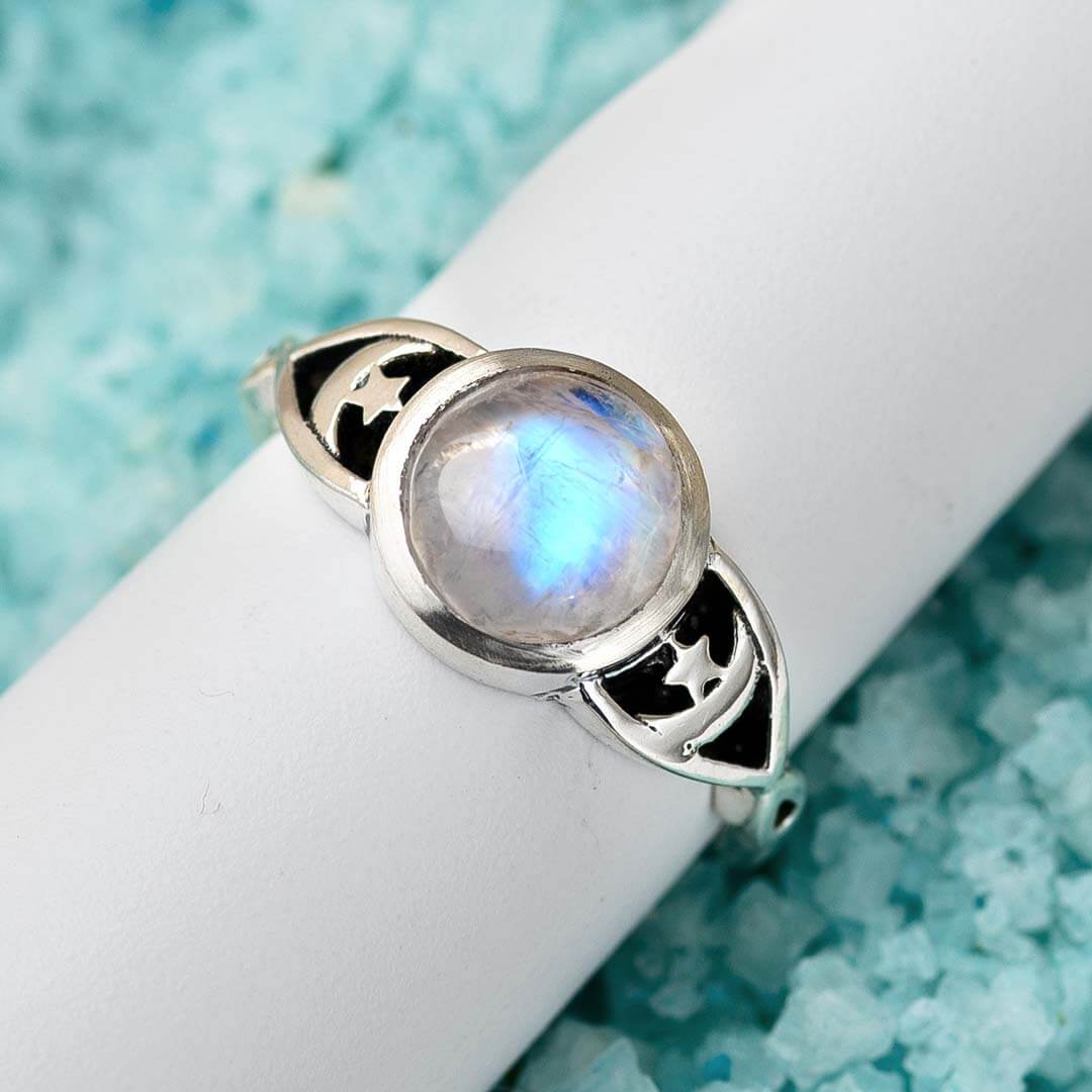 Moonstone Stars Moon Ring Sterling Silver