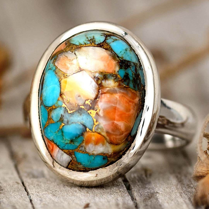 Large Rectangle hot Cushion Cut Copper Spiny Oyster Sterling Silver Ring | Turquoise Ring | Boho | One of a Kind Ring